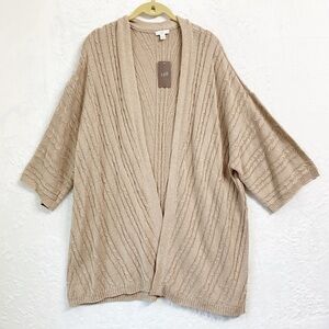 J. Jill Cable Knit Longline Half Sleeve Open Front Cardigan Tan Sz XL
